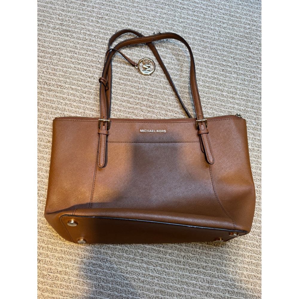 Michael Kors Brown Saffiano Leather Tote Bag Gold Tone Hardware Logo Charm